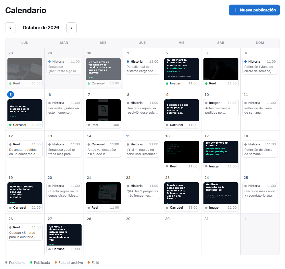 Panel de GNG Marketing: calendario del mes con cada publicación, su formato, su horario y su estado
